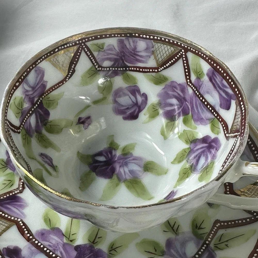 Antique‎ Nippon Hand Painted Teacup Saucer Duo Purple Rose Moriage 1911 Morimura